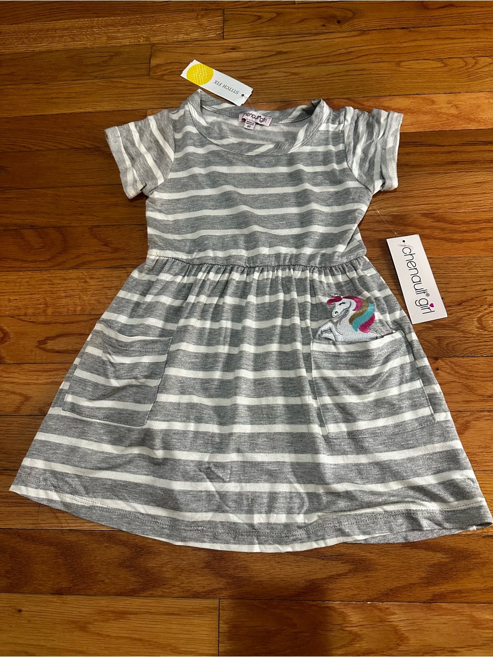NWT‎ Chenault Girl Stitch fix French Terry Dress Striped Unicorn Pockets 3T